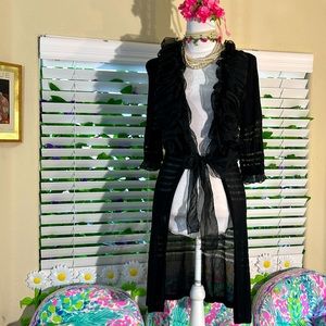Anbooty Fashion long black ruffle duster/sweater with center tie